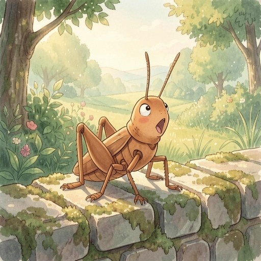A brown cartoon grasshopper with large eyes sits on a mossy stone wall in a sunny garden, its mouth open as if singing.