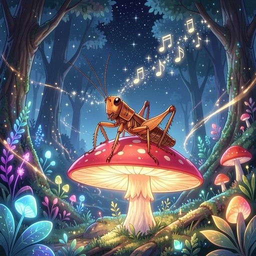 A large brown cricket sits on a giant red mushroom with white spots in a magical forest at night, singing glowing musical notes under a starry sky.