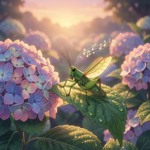 A green grasshopper perched on a wet leaf with musical notes floating around it, surrounded by purple and blue hydrangeas in a soft-focus garden setting.