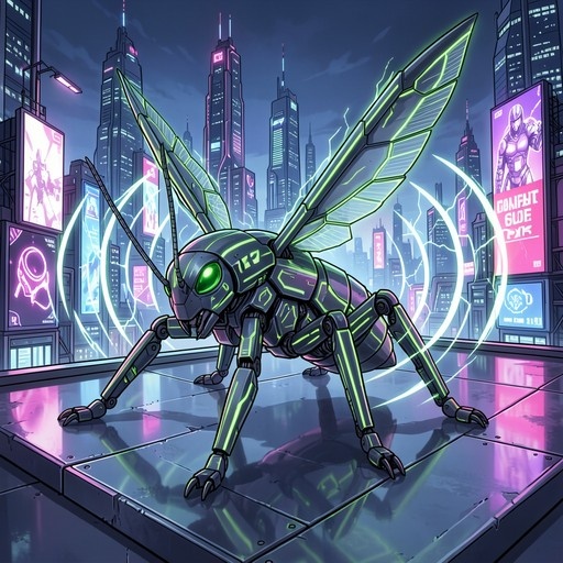 A large mechanical grasshopper with glowing green eyes and neon accents stands on a reflective surface against a backdrop of futuristic skyscrapers at night.