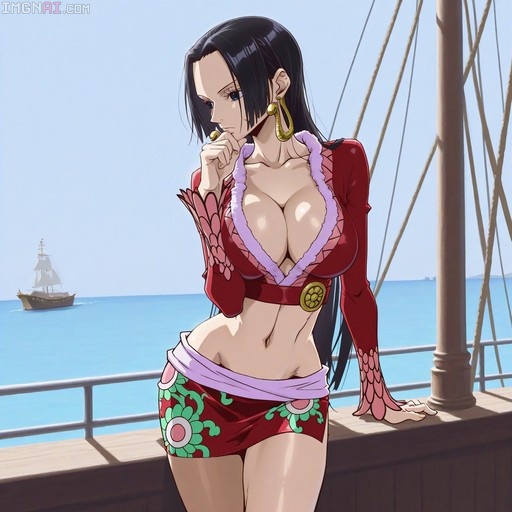 Boa Hancock from One Piece standing on a ship deck in a red outfit with purple trim, looking out at the ocean.