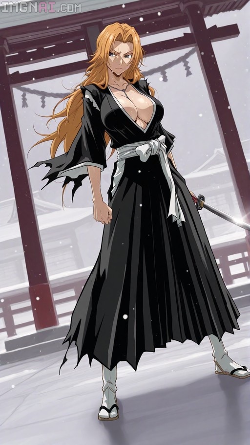Matsumoto Rangiku from Bleach holding a katana in a snowy shrine setting