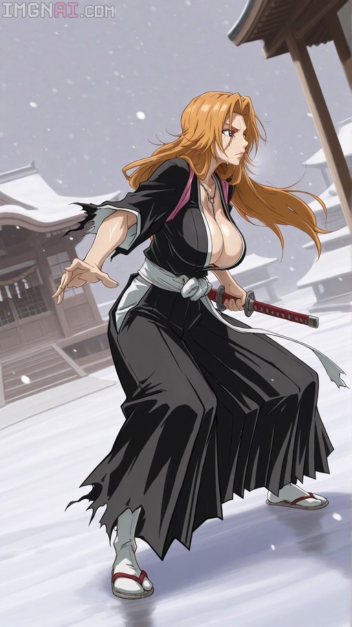 Matsumoto Rangiku from Bleach stands in a defensive pose holding a katana in the snow outside a Japanese shrine.