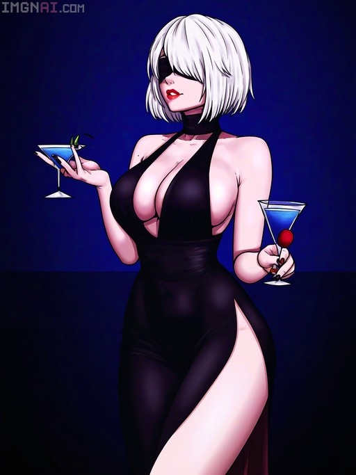 A digital illustration of 2B from Nier: Automata with white hair and a black blindfold, wearing a short black side-slit dress and holding two blue martinis against a dark blue background.