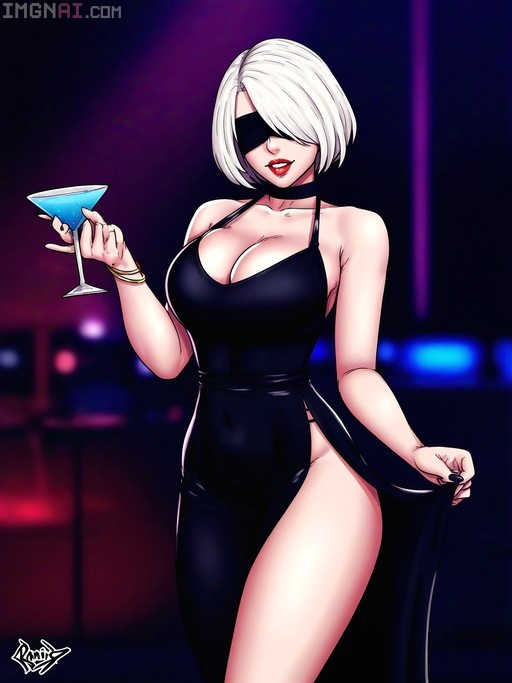 A digital illustration of 2B from Nier: Automata wearing a short black side-slit dress and her signature blindfold while holding a blue cocktail glass in a dimly lit club.