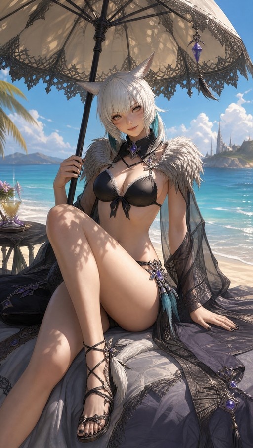 Y'shtola Rhul from Final Fantasy XIV sitting on a beach in a black bikini holding an umbrella.