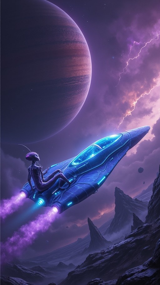 A grey alien with antennae sits on a blue spaceship flying over rocky terrain towards a large planet in a purple sky.