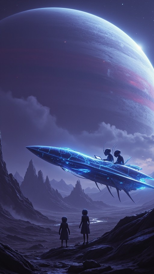 Two small figures stand on a rocky hill looking up at a sleek blue spaceship flying past jagged mountains under a massive planet in the night sky.