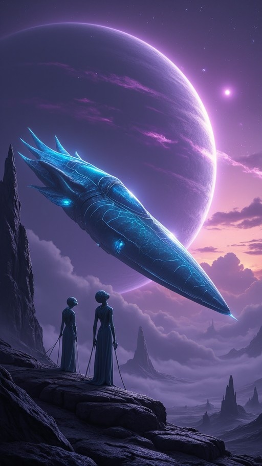 Two robed figures standing on a cliff looking up at a giant glowing blue squid-like creature flying past a large purple planet in a starry sky.