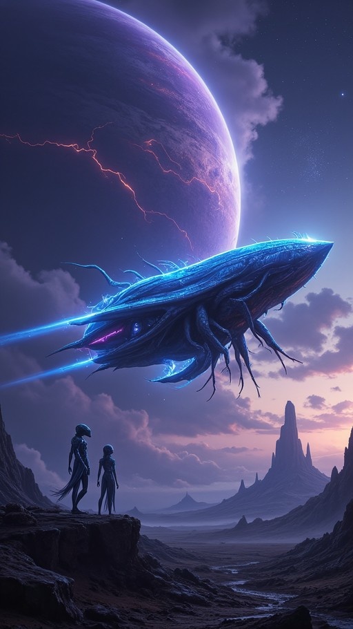 Two slender aliens stand on a rocky outcrop looking up at a large glowing blue creature flying past a giant purple planet with red lightning.
