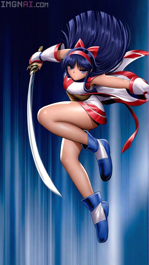 Nakoruru from Samurai Shodown leaping with a katana against a blue striped background.