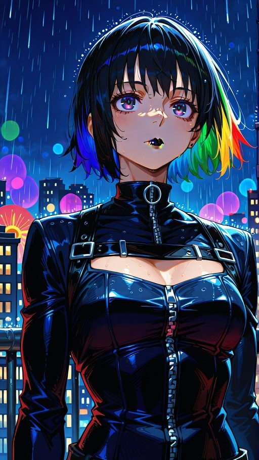 Anime character Maki Zenin with short black and rainbow hair wearing a black zippered bodysuit standing in the rain against a blurred neon city background.