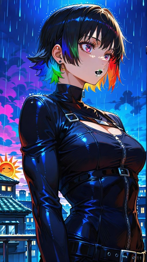 Anime girl with multi-colored hair standing in rain wearing black bodysuit