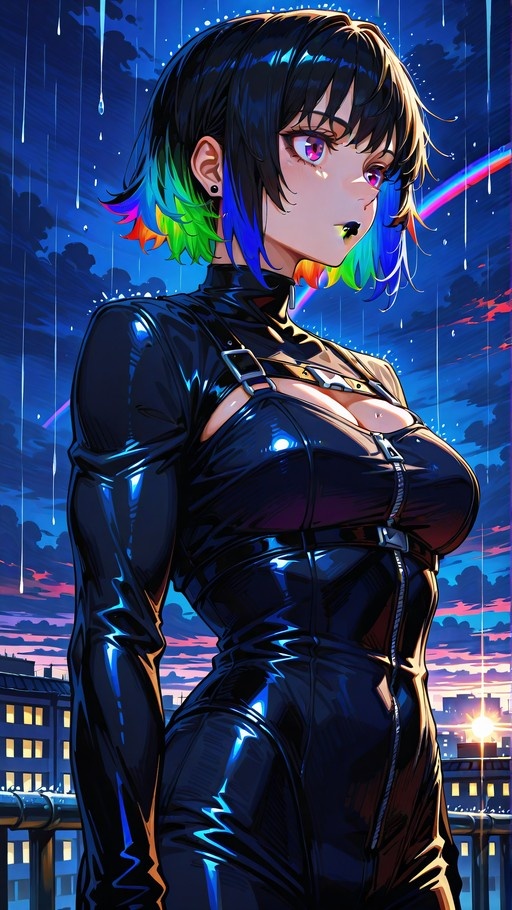 An anime girl with short black and rainbow hair wearing a shiny black bodysuit stands in the rain against a city skyline at dusk.