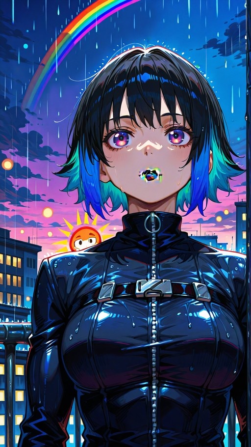 An anime-style illustration of a young woman with short black and blue hair wearing a shiny black zippered suit, standing in the rain under a rainbow with candy in her mouth.