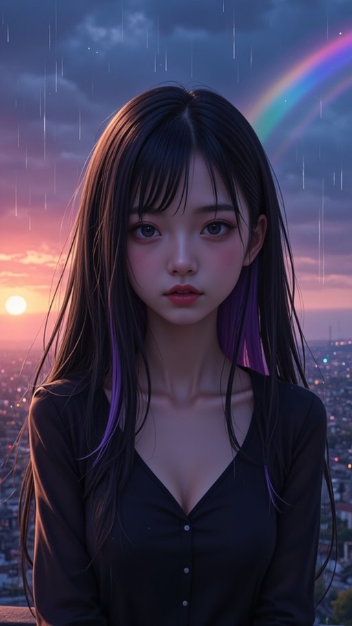 Portrait of a young woman with long dark hair featuring purple streaks, wearing a black top and gazing forward against a rainy sunset sky with a rainbow arching over a city.