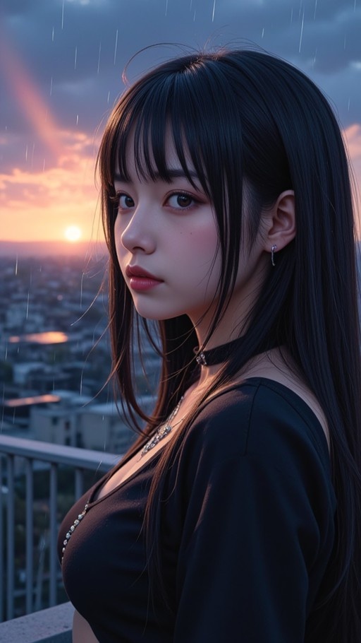 A young woman with long dark hair and a black choker stands in the rain at sunset, looking over her shoulder against a city skyline.