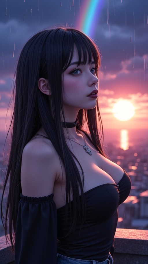 A young woman with long dark hair and blue eyes stands in the rain on a rooftop at sunset, looking towards a rainbow in the sky.