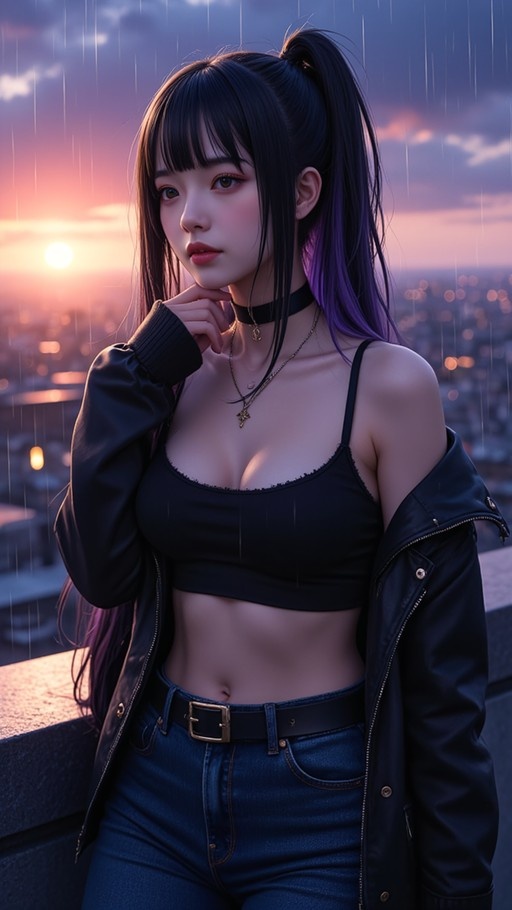 A young woman with black and purple hair in a high ponytail stands in the rain wearing a black crop top and open leather jacket against a blurred city sunset background.