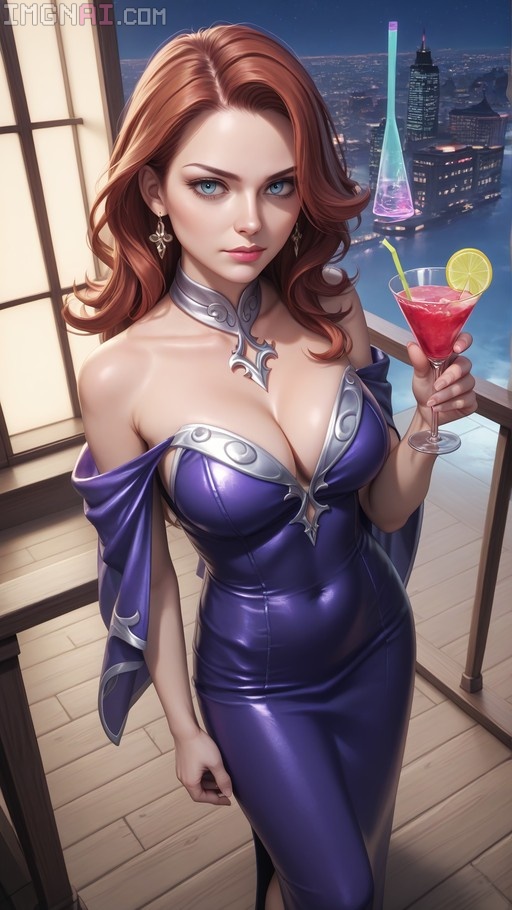 A realistic 3D render of Miss Fortune in a purple dress holding a cocktail on a balcony at night.