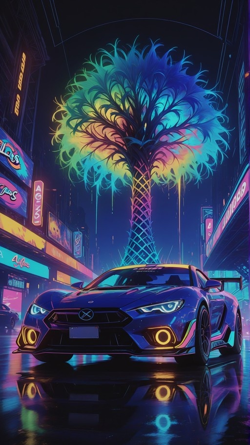 A blue sports car parked on a wet street at night under a giant glowing neon palm tree in a cyberpunk city.