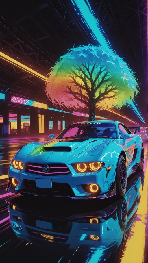 A blue sports car with a large rainbow tree growing from its roof parked under neon lights at night.
