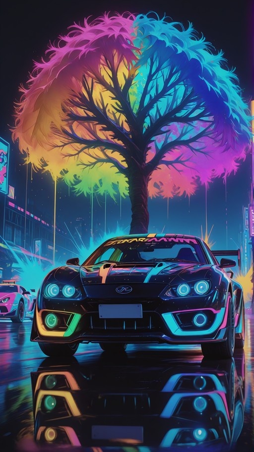 A black sports car parked on a wet street at night under a large tree with glowing colorful leaves.