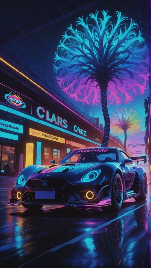 A dark sports car parked on a wet street at night, illuminated by vibrant blue and pink neon lights from nearby buildings and a large glowing palm tree in the background.