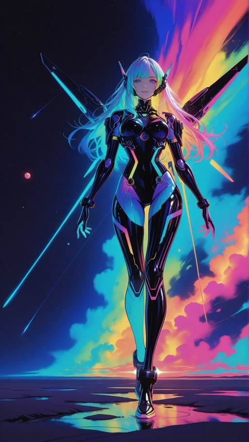 A cyborg girl with long blue and pink hair and mechanical wings stands in a neon-lit landscape under a starry sky.