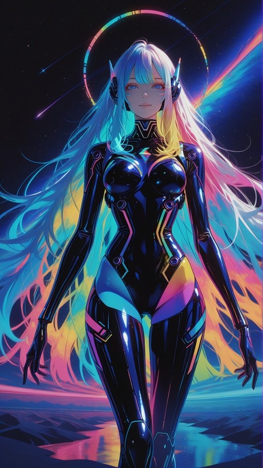 Anime girl with long blue and yellow hair wearing a shiny black bodysuit standing under a starry sky with a rainbow halo.