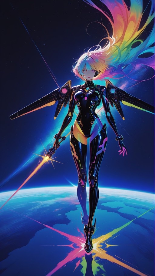 Anime girl with rainbow hair and mechanical wings holding a glowing sword in space above Earth.