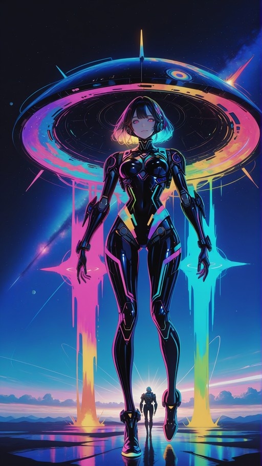 A towering female cyborg in a shiny black bodysuit stands before a large glowing UFO in a starry sky, with a tiny astronaut at her feet.