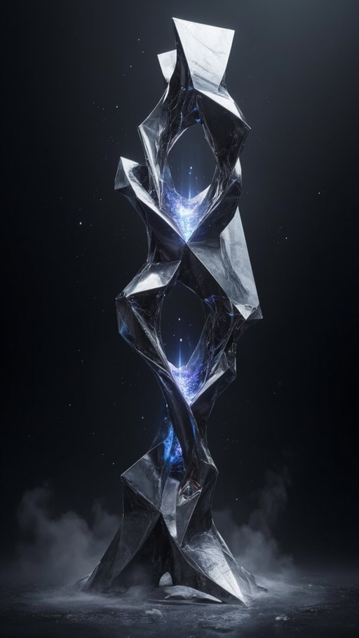 A tall, twisted crystalline monolith with a glowing blue core stands against a dark background.