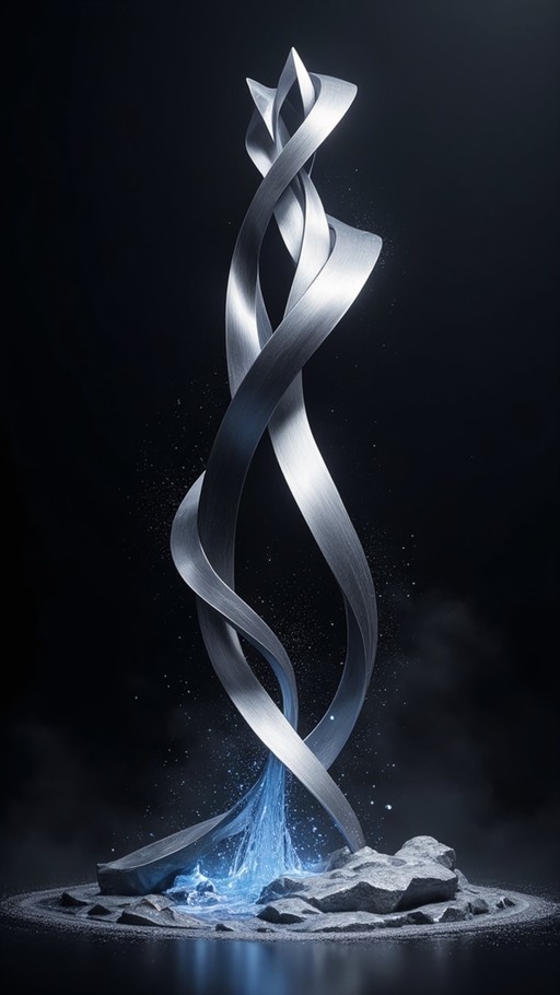 A tall, twisting silver metal ribbon structure stands on rocks in glowing blue water against a black background.