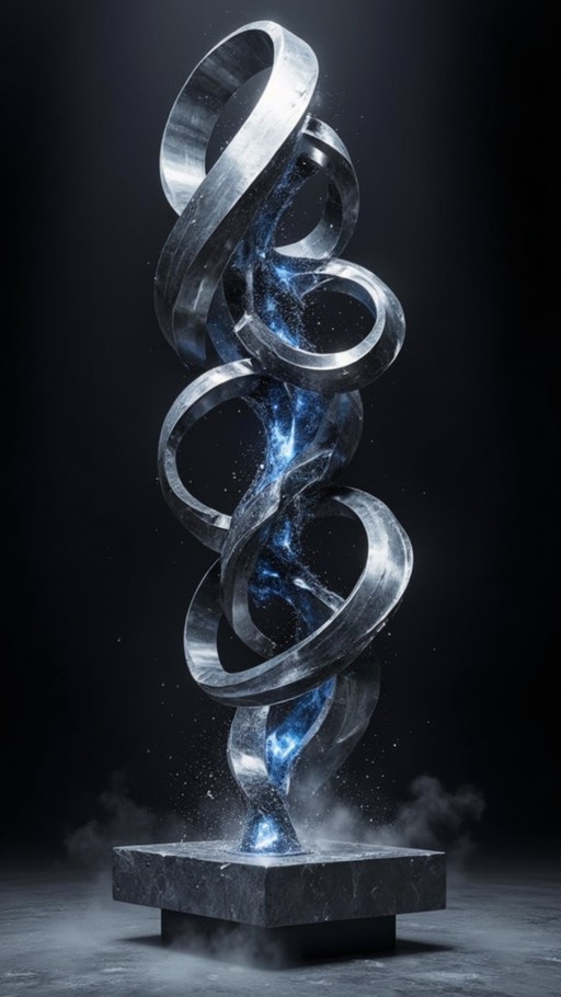 A tall twisted silver metal sculpture with a glowing blue core stands on a dark stone base against a black background.