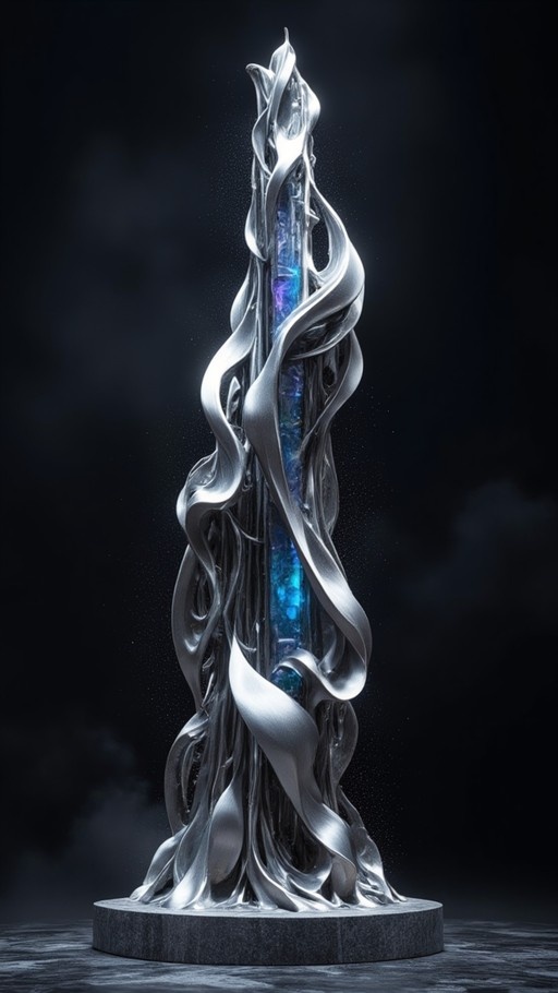 A vertical sculpture of a glowing blue crystal wrapped in swirling silver ribbons on a dark base.