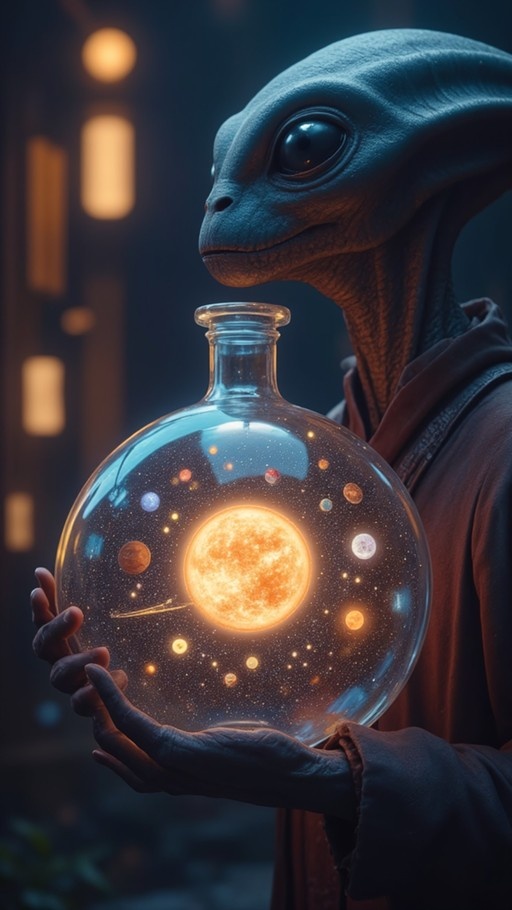 A close-up of a blue-skinned alien holding a large glass flask containing a glowing miniature solar system with planets and stars.