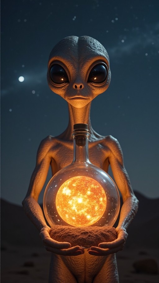 A grey alien holding a glass bottle with a glowing orange sphere inside under a starry night sky.