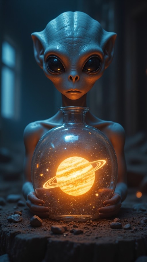 A grey-skinned alien with large black eyes holds a glass jar containing a glowing, ringed planet surrounded by stars.