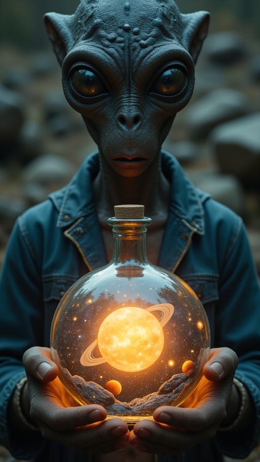 A grey-skinned alien with large dark eyes wearing a blue denim jacket holds a glass bottle containing a glowing miniature solar system with a ringed planet and stars.