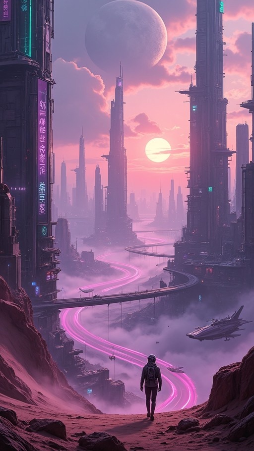 A solitary figure stands on a rocky ridge overlooking a sprawling cyberpunk metropolis with towering skyscrapers, flying vehicles, and glowing pink highways under a large moon.
