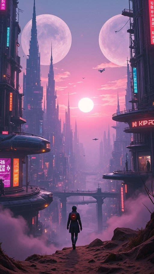 A person in a coat walks toward a futuristic city with two large moons in the pink sky.