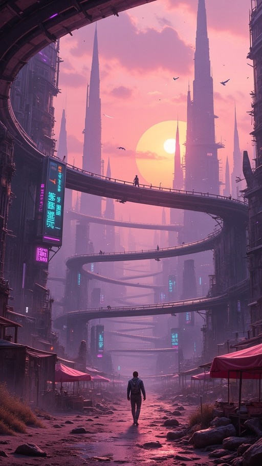 A lone figure walks down a rocky path toward a futuristic city with towering spires and winding bridges under a large pink sun.