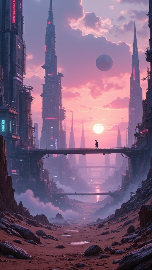 A digital painting of a futuristic city with tall spires and a bridge where a lone figure walks against a pink sky with two moons.