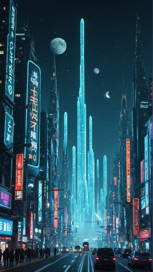 A futuristic city street at night with tall glowing blue crystal towers, neon signs, and multiple moons in the sky.