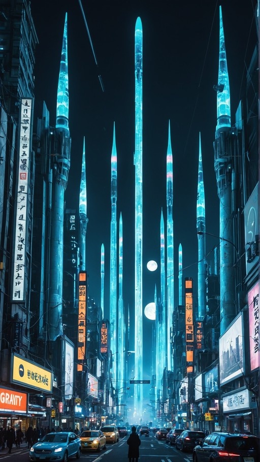 A futuristic cyberpunk city street at night featuring towering glowing blue spires, neon signs, cars on a wet road, and two moons in the sky.