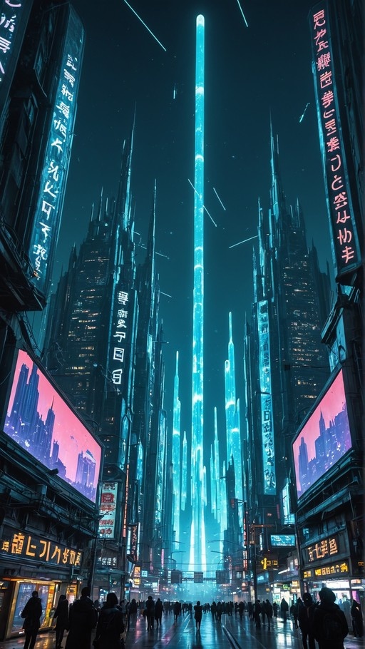 A vertical view of a futuristic cyberpunk city at night featuring towering blue skyscrapers and neon signs, with crowds walking below under a starry sky.