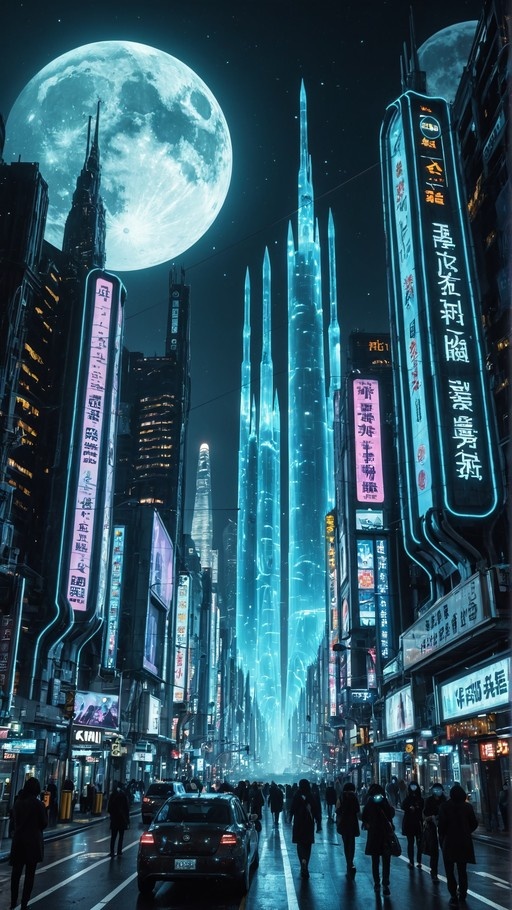 A cyberpunk city street at night with a huge full moon in the sky and glowing blue buildings.