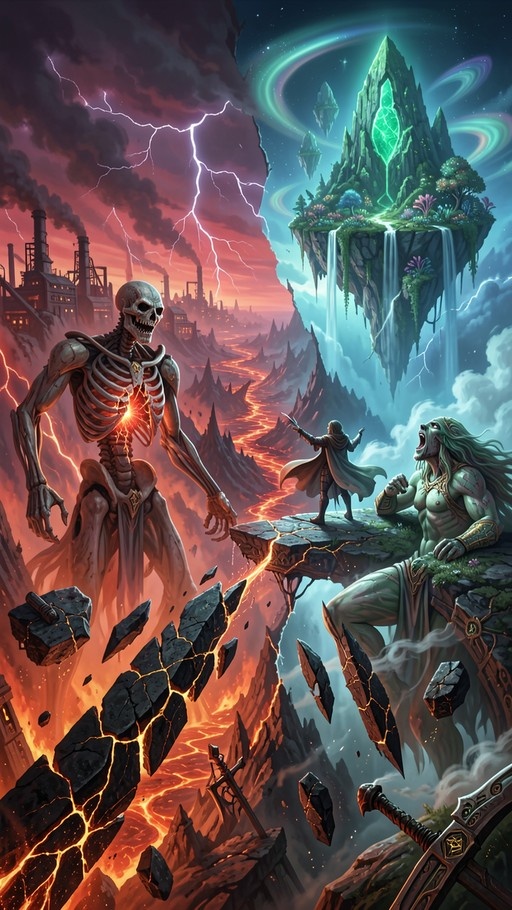 A towering skeletal figure with glowing energy faces a green-skinned warrior and a hooded mage on a lush floating island amidst a split fantasy landscape of fire and magic.