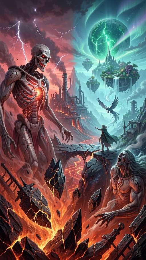 A colossal skeleton warrior with glowing red eyes confronts a lone hero on a bridge while a muscular figure screams from lava below, set against floating islands and a green planet.